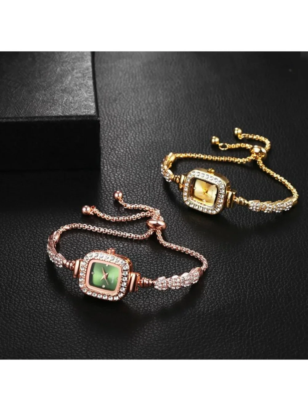 Women's Gold Analog Quartz Slim Strap Square Bracelet Rhinestones Wrist Watch